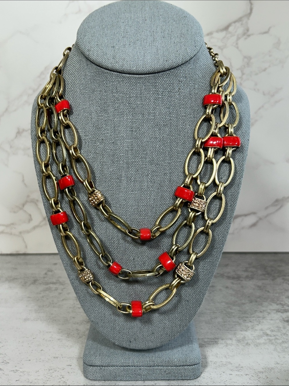 Champagne Gold-Tone Chain Necklace with Red Accents and pink Crystal Spacers
